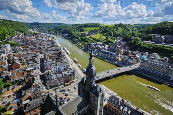 Aerial view of Dinant town, Collegiate Church of Notre Dame de Dinant, River Meuse and Pont Charles
