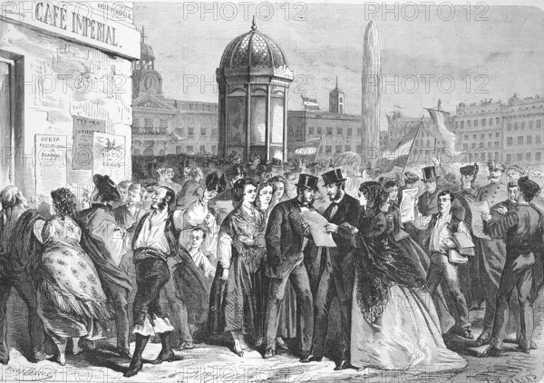 Distribution and reading of the Manifesto of the Junta, Manifeste de la Junta, 1869 in Madrid,