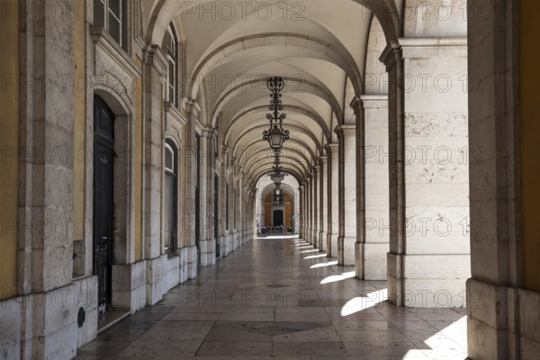 Arcades, arcade at the Ministry of Justice, Praça do Comercio, Baixa district, Lisbon, Portugal,