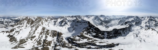 Alpine panorama, Sulzkogel, aerial view, peaks and mountains in winter, Sellraintal, Kühtai, Tyrol,