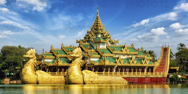 Panorama of Yangon icon landmark and tourist attraction: Karaweik, replica of a Burmese royal barge