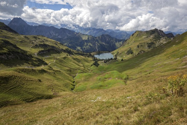 View of Seealpsee, Seeköpfel and Allgäu Alps, Nebelhorn, Oberstdorf, Oberallgäu, Allgäu, Bavaria,