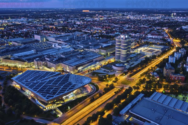 MUNICH, GERMANY, JULY 08, 2018: Aerial view of BMW Museum and BWM Welt and factory and Munich from