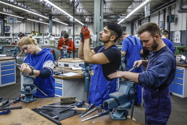 Remscheid, North Rhine-Westphalia, Germany - Trainees in the metalworking trades here during basic
