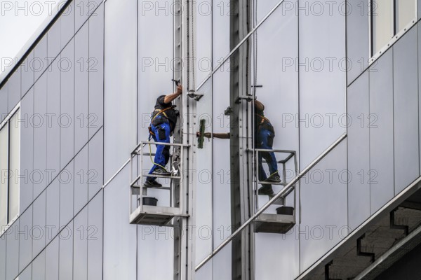 Window cleaner, facade cleaning, window cleaning, on a glass facade in Düsseldorf, ladder cage from