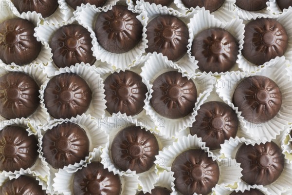 Top view and close-up of hand made fine milk chocolates in opened chocolate box, Studio