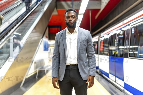 Young businessman standing on a subway platform, waiting for his train, symbolizing urban commuting