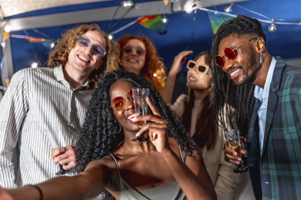 Beauty happy african woman holding champagne flute while taking selfie with elegant multi-ethnic