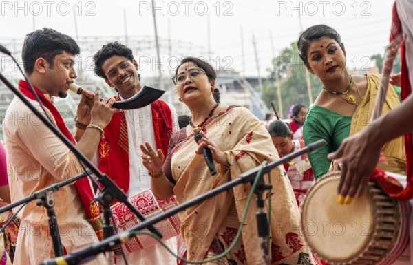 Head instructor Dreamly Gogoi (M) dance in a Bihu dance workshop ahead of Rongali Bihu Festival, in