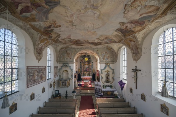 View from the organ loft onto the church interior and altar with Lenten cloth, 18th century, St