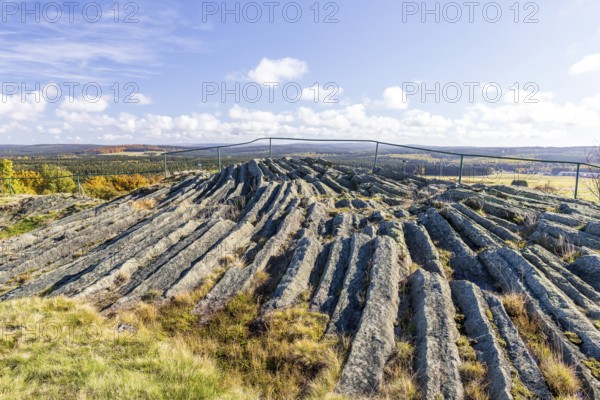 Exposed basalt outcrop from volcanic times, Hirtstein, Marienberg, Erzgebirge, Saxony, Germany,