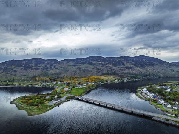 Loch Long Bridge or Dornie New Bridge from a drone, Loch Long River, Highlands, Scotland, England,