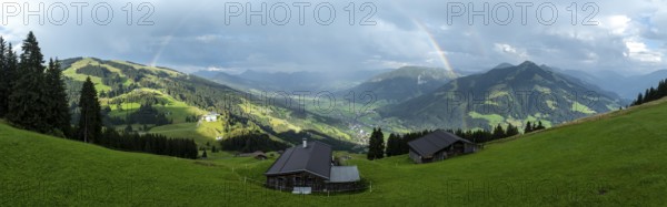 Alpine panorama in summer, rainbow, alpine hut, view over the Brixen valley, Hochbrixen, Brixen im