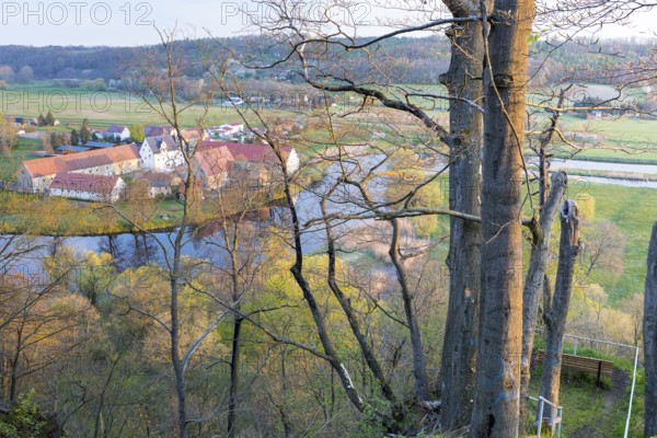 Maylust vantage point with a view of the Freiberg Mulde valley in the morning light, with Buch