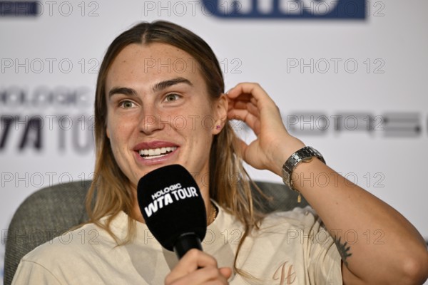 Aryna Sabalenka BLR, press conference, PK, interview, microphone, mic. Logo Portrait, smiles,