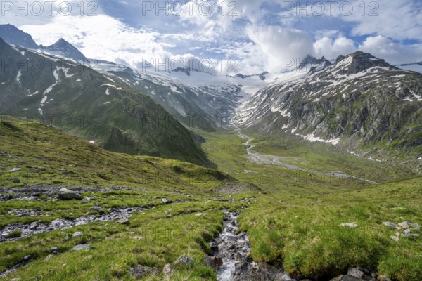 Picturesque mountain landscape, mountain summit with snow and glacier Schwarzensteinkees, summit
