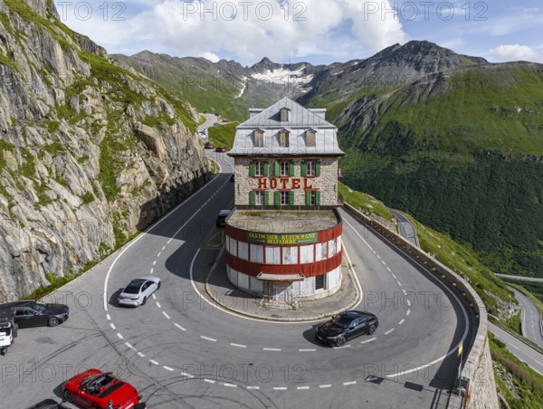 Hotel Belvédère on the Furka Pass, the most famous pass hotel in the world. The building is closed