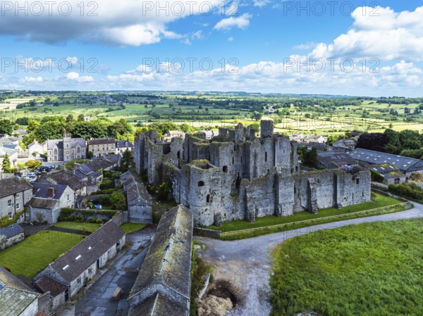 Middleham Castle from a drone, Middleham, Wensleydale, North Yorkshire, England, United Kingdom,