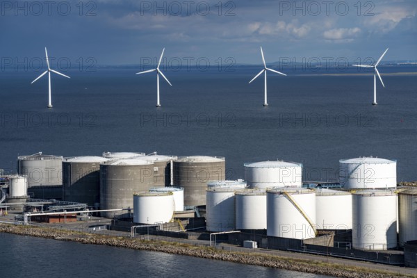 Wind turbines, offshore wind farm east of Copenhagen, in Øresund, tank farm in Prøvestenen harbour,