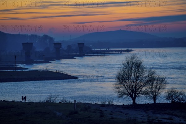 Rhine at Duisburg-Bruckhausen, towers of the water extraction facilities of ThyssenKrupp Steel
