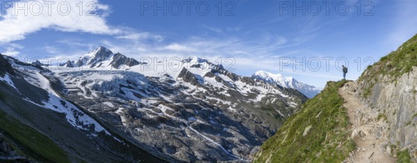 Mountaineer on a hiking trail, view of high alpine mountain landscape, summit of Aiguille de