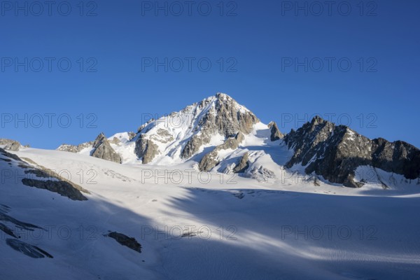 High alpine mountain landscape, summit of the Aiguille de Chardonnet and Glacier du Tour, glaciers