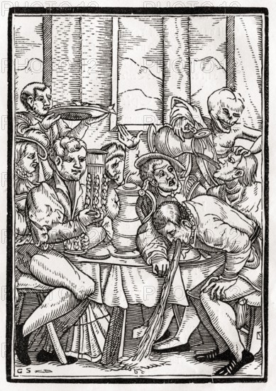 Der Tod holt den Trunkenbold Holzschnitt von Georg Scharffenberg nach Hans Holbein d. J. Aus Der