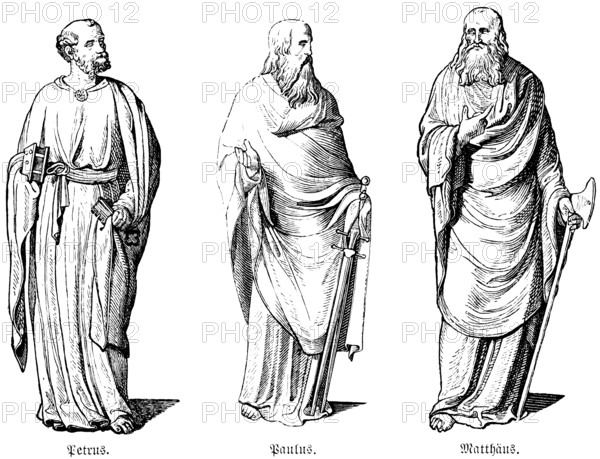 Portraits of the apostles Peter, Paul, Matthew, Bible, New Testament, Gospel of Luke, historical