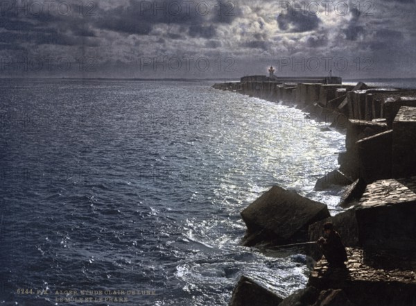 Moonlight with lighthouse, Algiers, Algeria, ca 1890, Historical, digitally restored reproduction