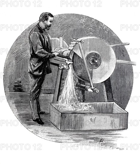 Exhibition on accident prevention in Berlin 1889, spark protection at the grindstone, digital