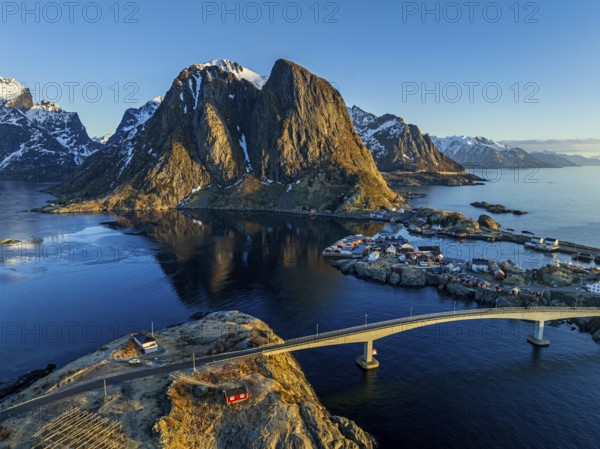 Aerial view, bridge, village, steep mountains, coast, winter, fog, evening light, Reine,
