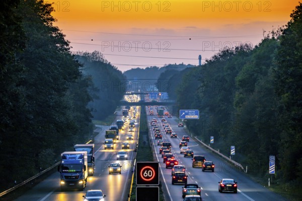 Motorway A40, Ruhrschnellweg, near Bochum, heavy evening traffic, in front of the motorway junction