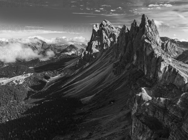 The peaks Sas Rigais and Furchetta of the Geisler group, drone image, black and white image, Val