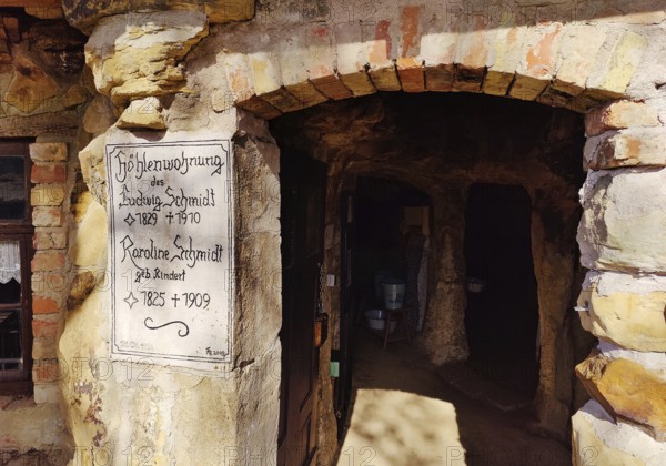 Sign at the entrance to the Schmidthöhle cave, Langenstein cave dwellings, district of Halberstadt,