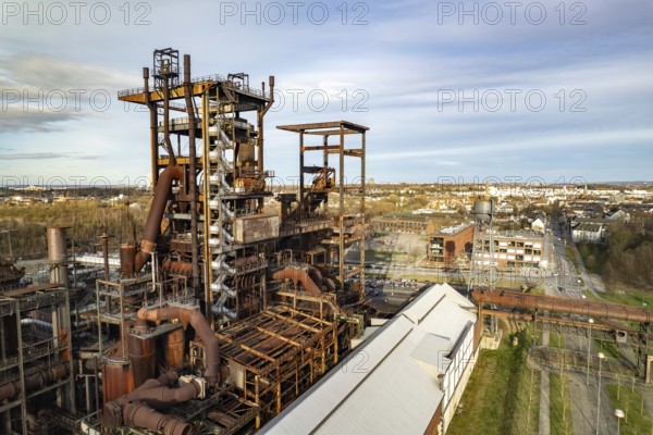 Industrial ruins of the Phönix West blast furnace works in Dortmund seen from the air, North