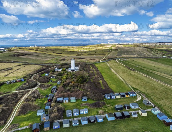 Portland Bird Observatory from a drone, Bill Lighthouse, Portland Bill, Isle of Portland, Dorset,