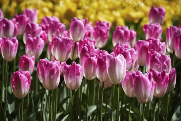 Blooming tulips flowerbed in Keukenhof flower garden, also known as the Garden of Europe, one of