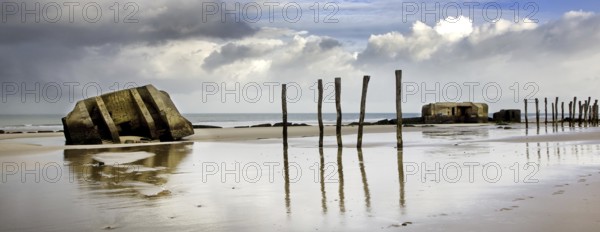 World War II concrete blockhouses on beach at Wissant, Nord-Pas de Calais, France, Europe