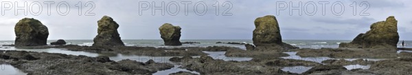 Sea stacks at the Plage des Cinq Pineaux at Saint-Hilaire-de-Riez, La Vendée, Pays de la Loire,