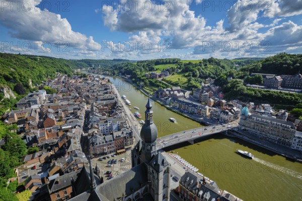 Aerial view of Dinant town, Collegiate Church of Notre Dame de Dinant, River Meuse and Pont Charles