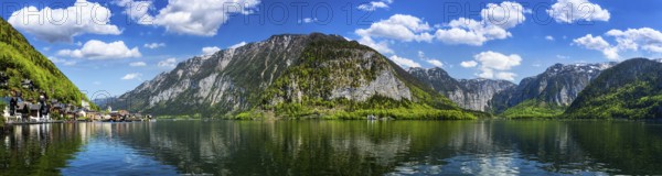 Austrian tourist destination, panorama of Hallstatt village and Hallstatter See mountain lake in