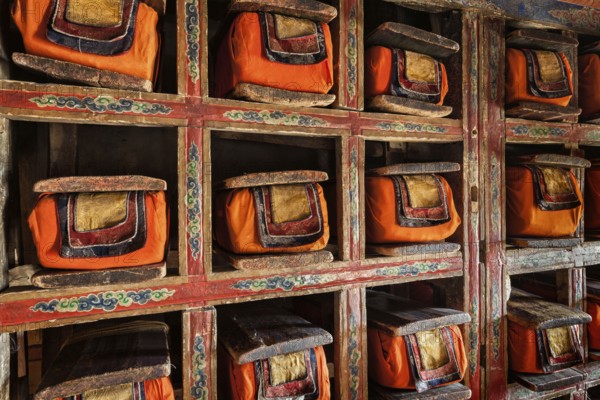 Folios of old manuscripts in library of Thiksey Gompa (Tibetan Buddhist Monastery) . Ladakh, India,