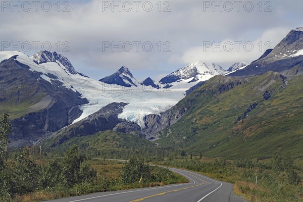 Autumn landscape and a glacier calving deep into the valley, Worthington Glacier, Chugach