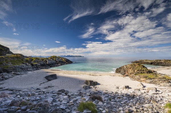 Sandy beach beach and rocky coast, near Bleik, Andoya Island, Vesterålen, Northern Norway, Norway,
