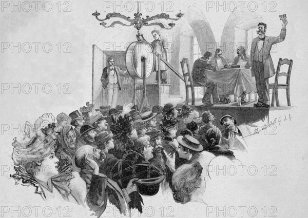 Number Lotto in 1897, here a draw in Vienna, Austria, Historical, digitally restored reproduction