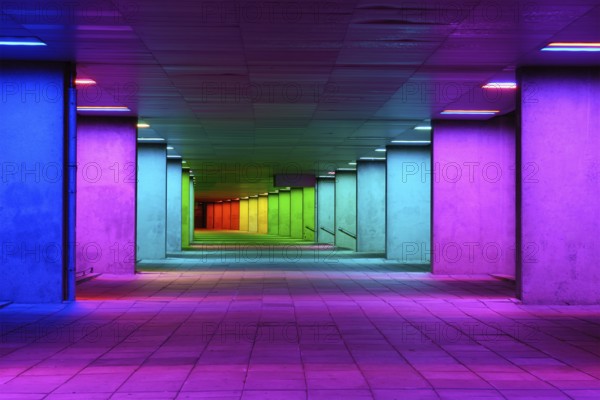 ROTTERDAM, NETHERLANDS, MAY 11, 2017: Colorful mulitcolored illuminated gallery tunnel rainbow