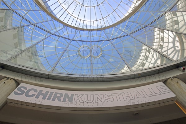 Kunsthalle Schirn with round glass dome, glass window, glass building, inscription, modern