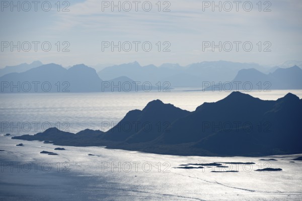 Mountain peak and fjord Austensfjorden, fjord landscape and sea, view from the summit of