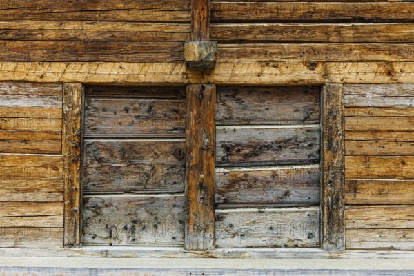 Old loading door on a hay barn, Chandolin, Val d'Anniviers, Valais Alps, Canton Valais,