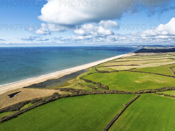 Farms over Swyre and West Bexington from a drone, West Bexington Nature Reserve, S W Coast Path,